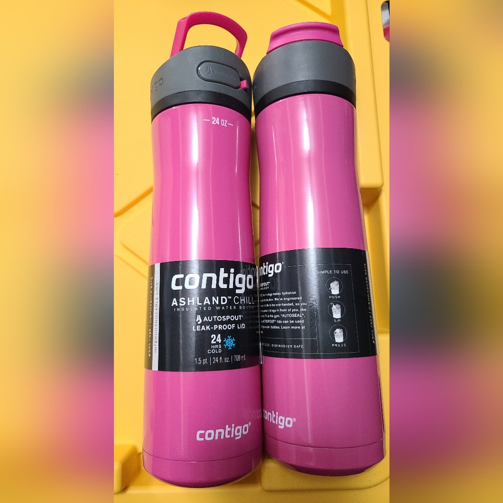 2 NEW Contigo Ashland Chill 24fl oz water bottles PINK with autospout lock! 24hr